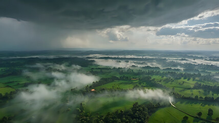 Fototapeta premium “A 3D drone view of rain falling over a green landscape, with mist and clouds rolling in