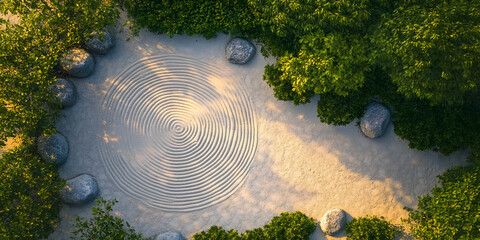 Zen Garden Image, Aerial View Landscape, Rocks and Sand Design, Tranquil Space Photo, Greenery Digital Images, Calming Nature Scene