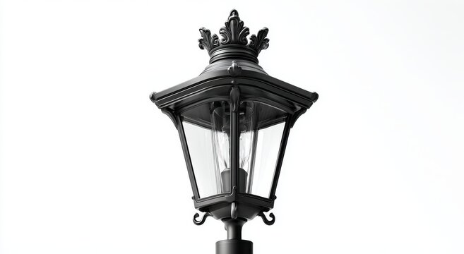 Fototapeta Classic black street lantern with ornate details. A monochrome photograph isolated on a plain white background.