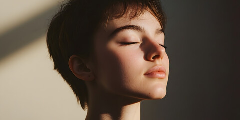 Serene Face Portrait Image, Peaceful Woman, Close Up Beauty, Sunlight Shadows, Minimalist Aesthetic, Calm Closed Eyes, Portrait Image