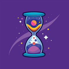 Mystical hourglass with galaxy, stars, cosmic space inside, timeless concept, celestial design, universe illustration, fantasy, cosmic flow