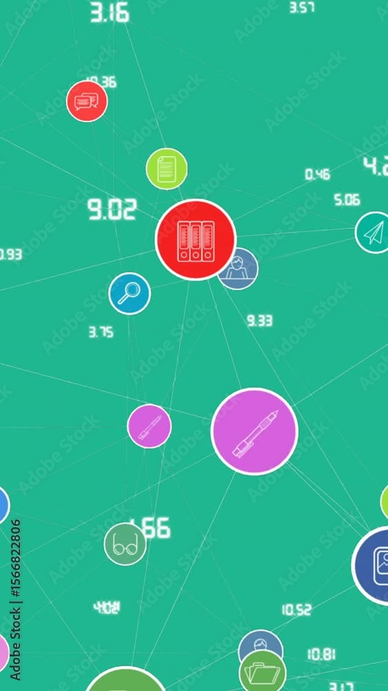 Poster animation of network of connections with icons on green background