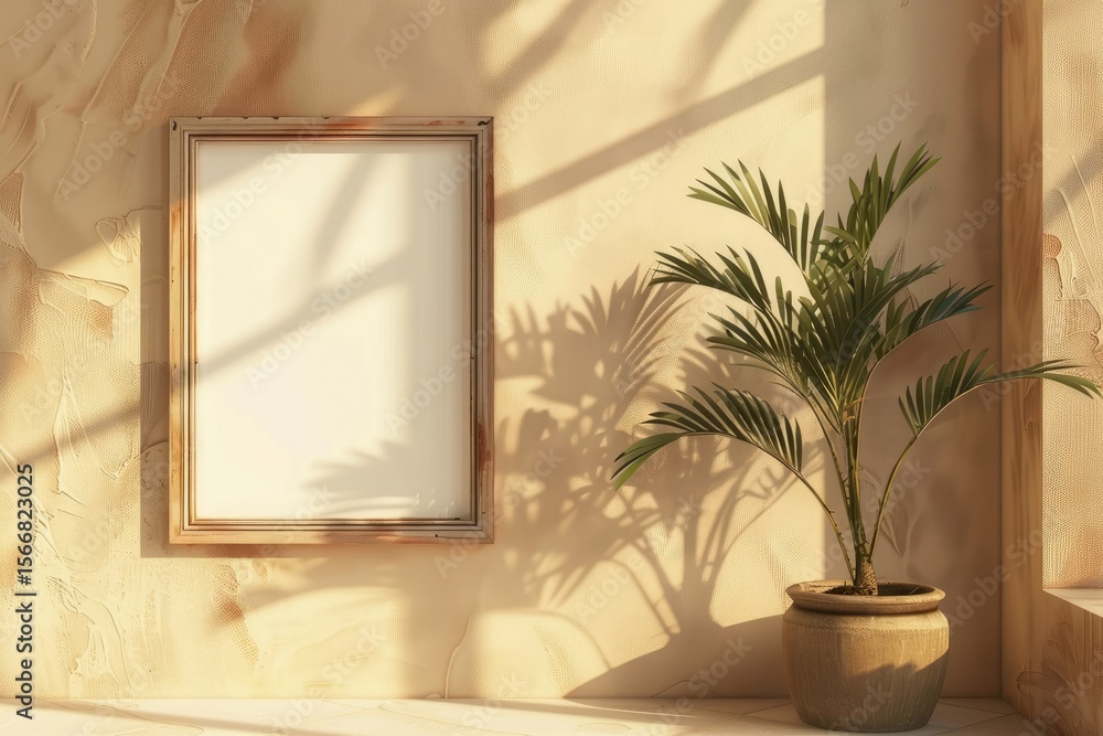 Poster high definition view of a picture frame with a palm tree on the wall