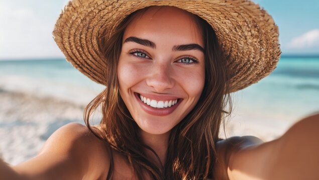 Happy beautiful woman in a straw hat taking a selfie on a tropical beach. Summer vacation lifestyle concept.