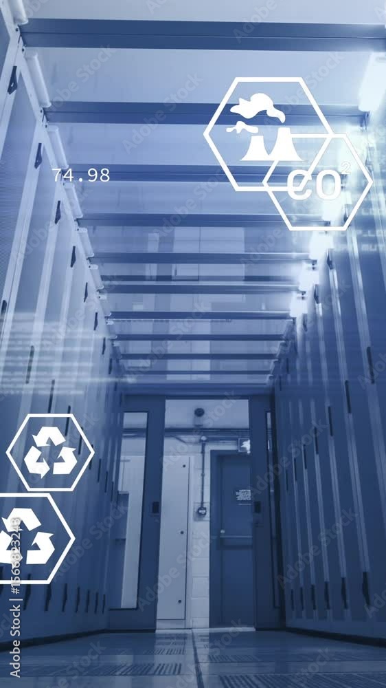 Poster animation of digital icons and data processing over server room