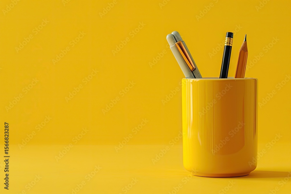 Poster flawless visual of a yellow container with a pen and a pencil in it