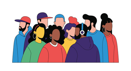 A diverse group of people standing together representing unity and community in a modern artistic style