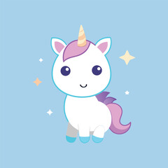 Minimalist baby unicorn with heart-shaped eyes, sparkling stars, cute magical fantasy character illustration, simple line art vector design