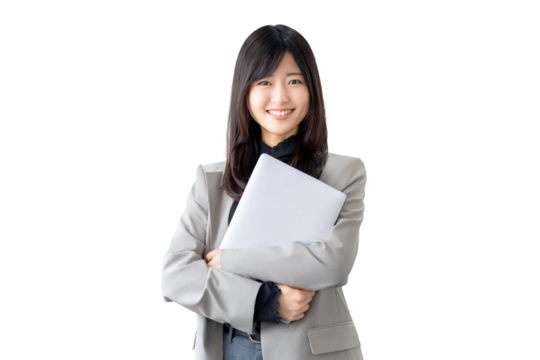 パソコンを持つ女性・ビジネスウーマン（背景透過PNG）