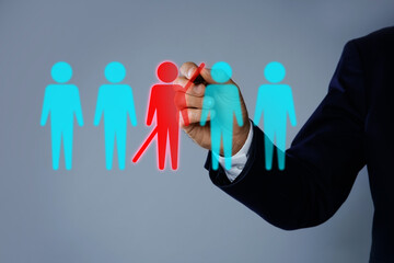 Dismissal. Businessman striking out human figure on virtual screen against grey background, closeup