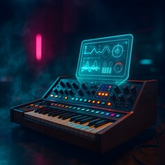 Low-Angle Retro Synth with Holographic Controls - Cyberpunk Studio Setup