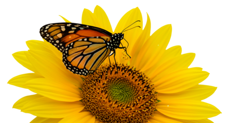 A monarch butterfly gracefully rests on a bright yellow sunflower.