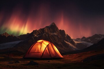 Serene night camping under aurora borealis A glowing tent nestled in majestic mountains, inviting peaceful adventure and natural wonder.