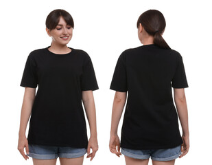 Woman in black t-shirt on white background. Back and front view. Mockup for design