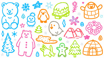 Cute kid crayon hand drawn icon background. Vector kid sketch illustration. Cute crayon children pattern.