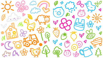 Cute kid crayon hand drawn icon background. Vector kid sketch illustration. Cute crayon children pattern.