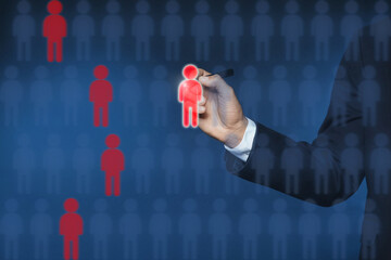 Dismissal. Businessman choosing human figures on virtual screen against dark blue background,...