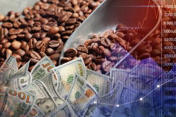 Coffee price rising. Dollars, roasted coffee beans and graph. Double exposure