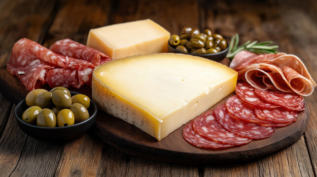 Gourmet cheese and charcuterie platter with olives on rustic wooden board
