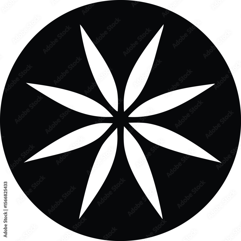 Poster abstract black circle with eight white petal like shapes radiating from the center creating a starbu