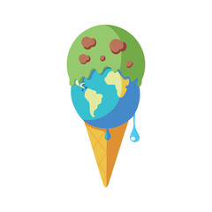 Melting Earth in Ice Cream Cone Symbolizing Global Warming, Climate Change Awareness, Environmental Crisis, Planet in Danger Illustration