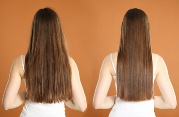 Hair combing, straightening. Woman showing hairstyle before and after different procedures on brown...