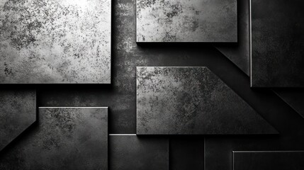 Modern abstract composition of textured metallic panels in dark tones