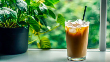 Fototapeta premium Iced coffee resting on a windowsill invites relaxation, complemented by a vibrant backdrop of green plants softly illuminated by gentle daylight. Perfect for a serene moment indoors