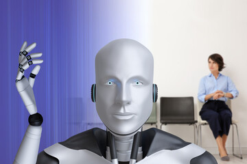 Robot recruiter and candidate in room. Artificial intelligence in human resources management