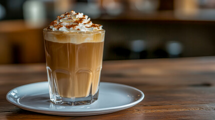 A tall glass of iced coffee, adorned with fluffy whipped cream, sits invitingly on a white plate, basking in bright light, creating a refreshing dessert moment perfect for warm days