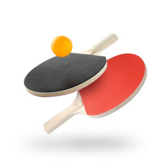 Ping pong rackets and ball in air against white background