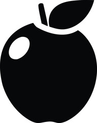 A simple bold black silhouette of a ripe apple with a leaf and stem isolated on a clean white background