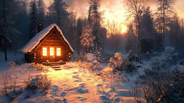 Cozy cabin glowing warmly in a snowy winter forest landscape