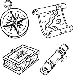 A vintage vector illustration set features a pirate map with a compass alongside various handgun and machine pistol weapon icons