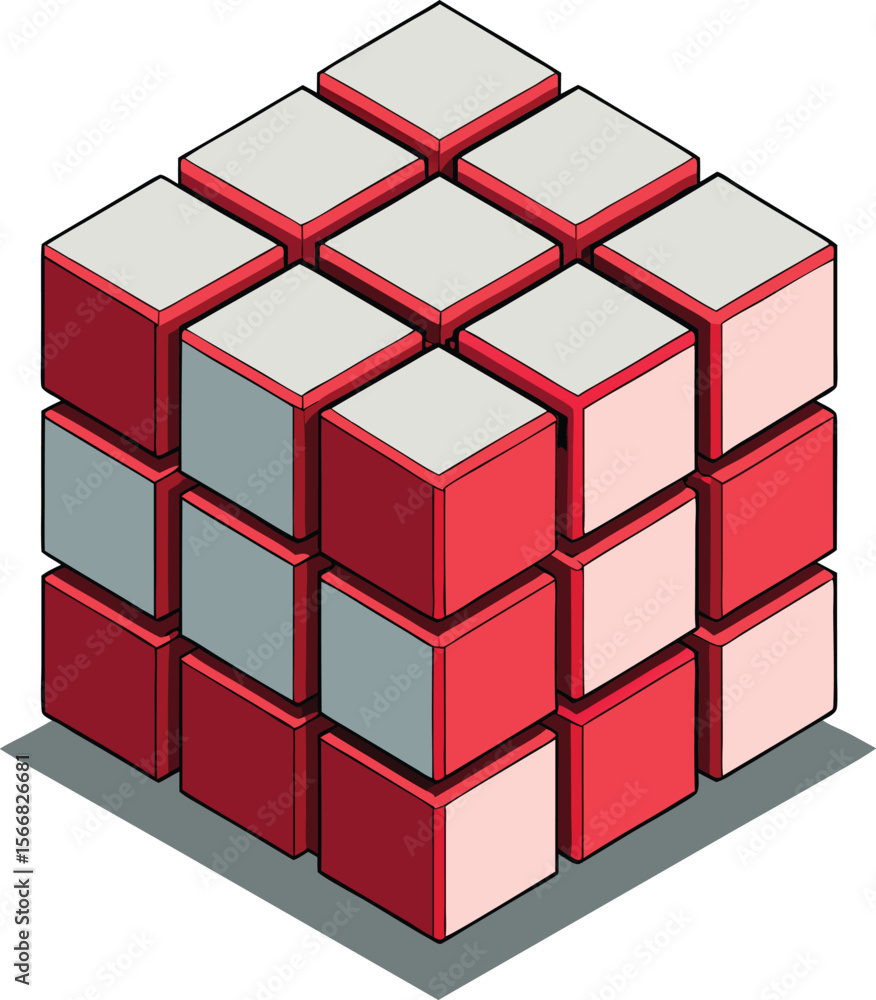 Poster isometric illustration of a 3d cube structure composed of smaller red and gray blocks with light gra