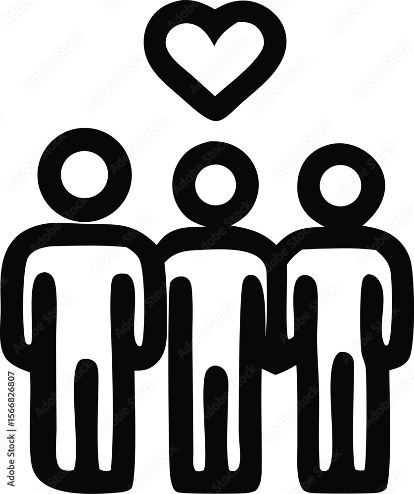 Aufkleber stylized black and white graphic depicting three simplified human figures standing together with a h