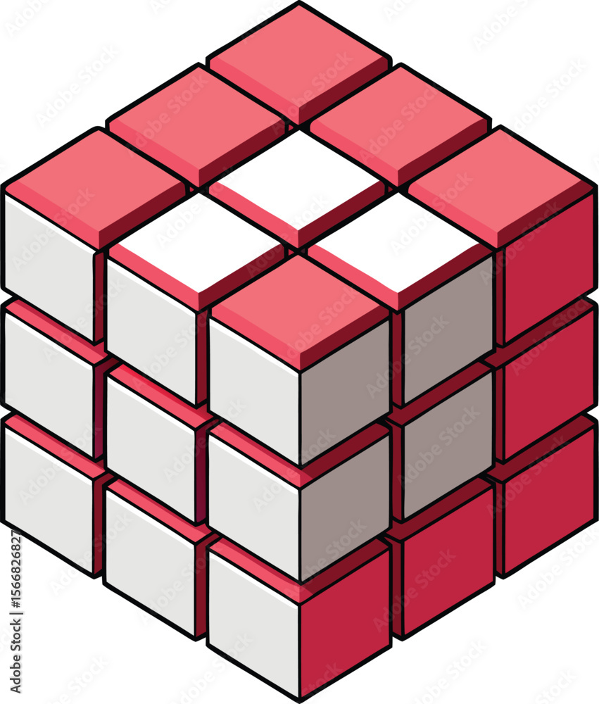 Aufkleber abstract isometric illustration of a 3x3x3 cube structure with alternating red and white faces and a