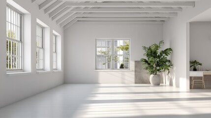 Fototapeta premium Bright, airy white room with large windows