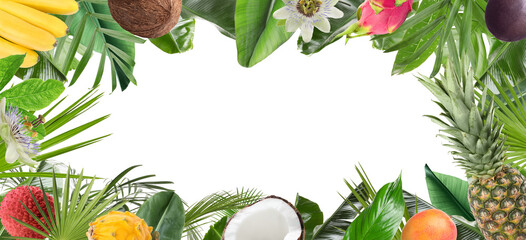 Frame made of fresh tropical fruits, flowers and green leaves on white background
