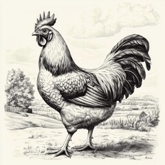 Hand-drawn black and white illustrations of domestic chickens.