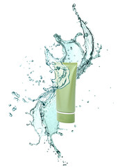 Tube of cream and water splash on white background. Stylish presentation for cosmetic product