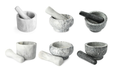Stone mortars and pestles isolated on white, collage