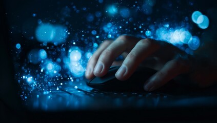 Hand on a Computer Mouse with Digital Light Effects, Online Interaction and Connectivity