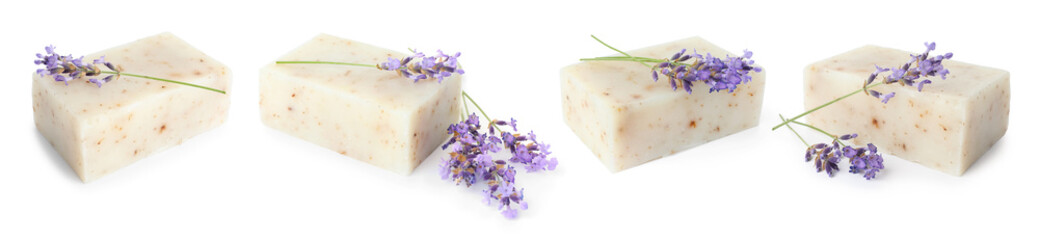 Soap bars and lavender flowers isolated on white, set
