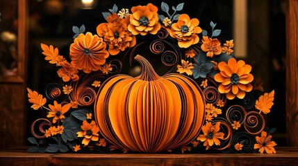 Captivating Autumn Scene: A 3D Paper Cut Pumpkin with Floral Details