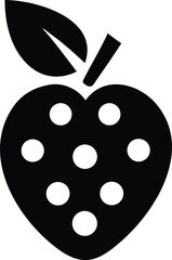 Stylized black and white heart shaped strawberry icon with seven white dots and a green leaf