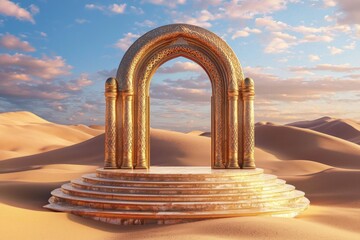 Islamic display podium set against a serene mosque gate backdrop.