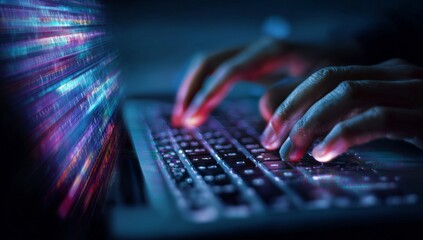 Cybersecurity Expert Typing on Laptop Keyboard at Night