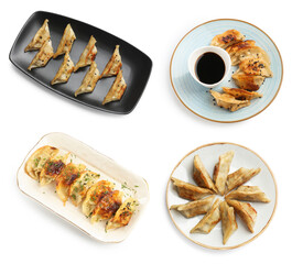 Tasty fried gyoza (dumplings) on white background, collage. Top view