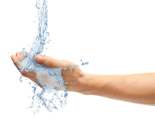 Man holding splashes of pure water on white background, closeup